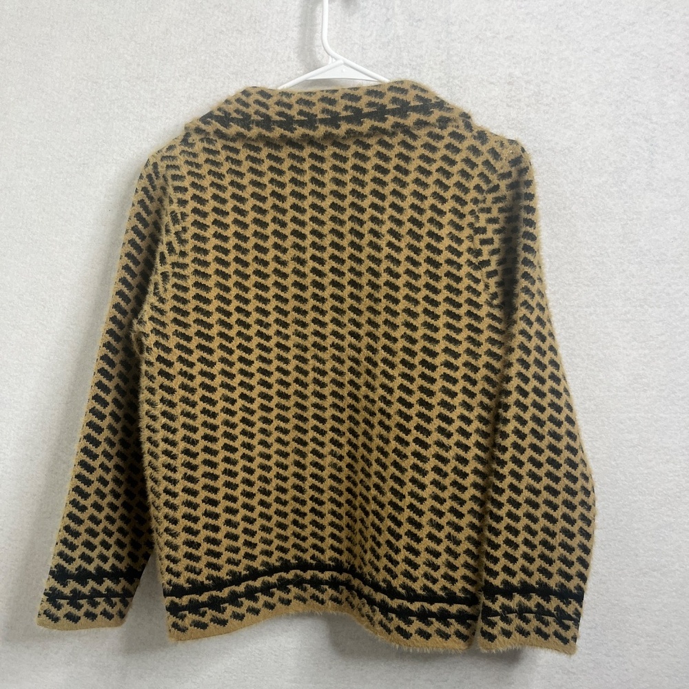 Fuzzy Knit Jacket Cardigan Tan Black Pattern Cropped Button Up Cozy Sweater - Picture 2 of 5